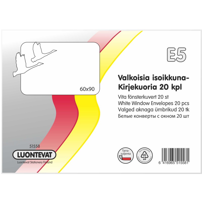 Isoikkunakirjekuoria E5 valkoinen 20 kpl tarrasuljenta