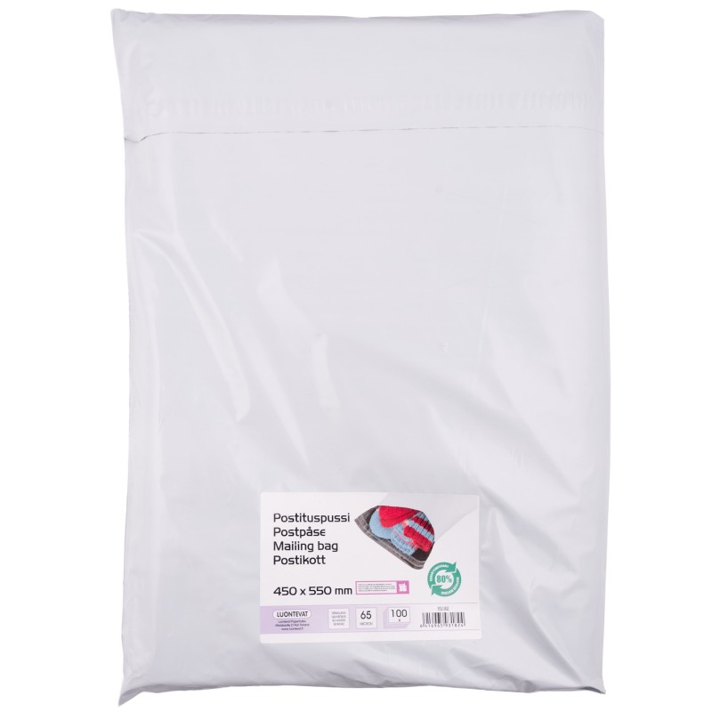 Postituspussi valkoinen  450 x 550 + 50 mm tarrasuljenta 100 kpl